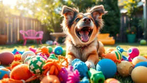 A dog playing with a variety of pet toys, showcasing their colorful designs and textures for engaging fun.