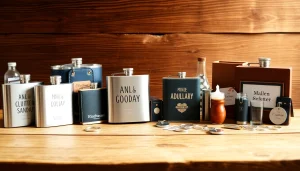 Showcase of cheap groomsmen gifts like personalized flasks and keychains for a memorable wedding celebration.