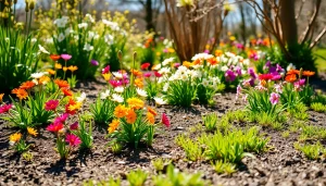 Performing a Spring clean up by raking leaves and refreshing garden beds in a sunny outdoor setting.