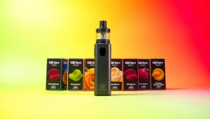 Buy HQD Surv kaufen - Stylish vape with unique flavor options showcased against a colorful background.