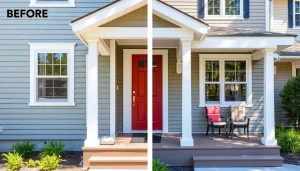 Stunning exterior renovations of a modern home featuring upgraded siding and a stylish porch design.