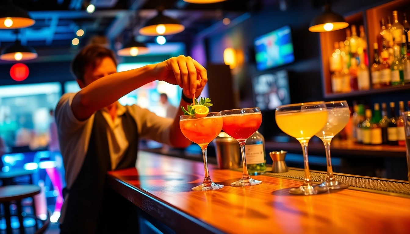 Mixing cocktails in an engaging cocktailkurs setting, demonstrating vibrant colors and lively ambiance.