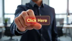 Hand clicking the 'Click Here' button, illustrating user interaction on a digital platform.