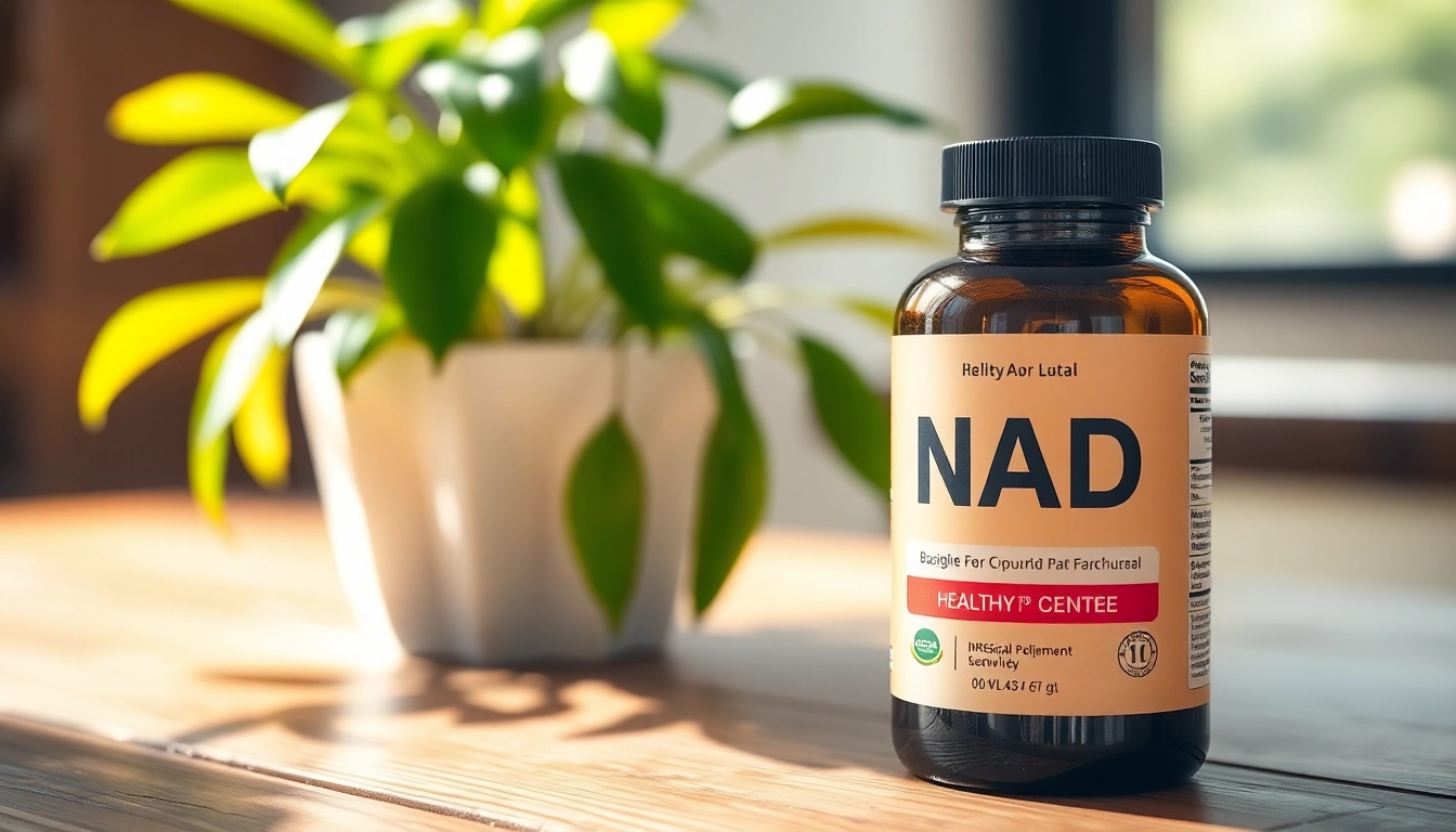 Highlight the benefits of NAD Supplement alongside a sleek bottle on a natural backdrop.