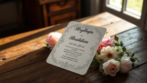 Elegant bryllups invitation featuring floral designs on a rustic wooden table, perfect for weddings.