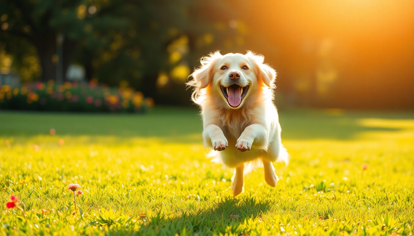 Kate's K9 Pet Care showcases a joyful Golden Retriever playing in a vibrant park.