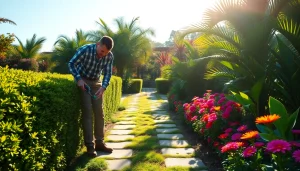 Professional conducting garden maintenance service, skillfully trimming vibrant plants and flowers.