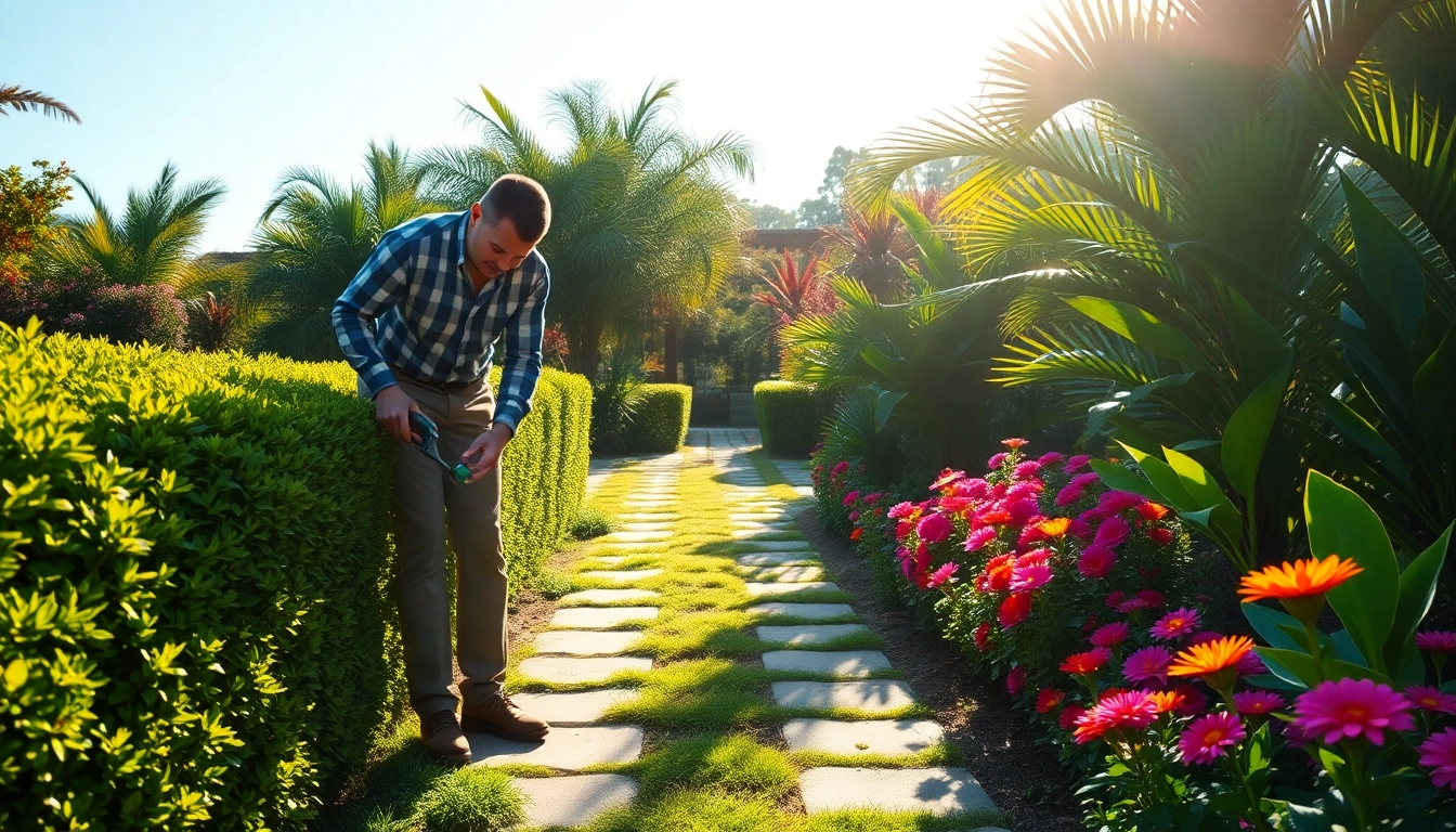 Professional conducting garden maintenance service, skillfully trimming vibrant plants and flowers.