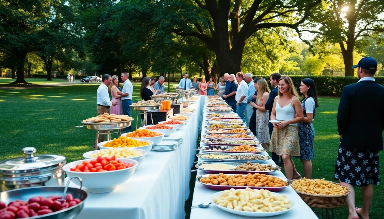 Delicious spread from Partyservice Berlin at a joyful outdoor event with guests dining together.