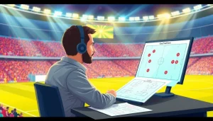 วิเคราะห์บอล through an analyst's focused look at soccer tactical charts amid an energetic stadium.