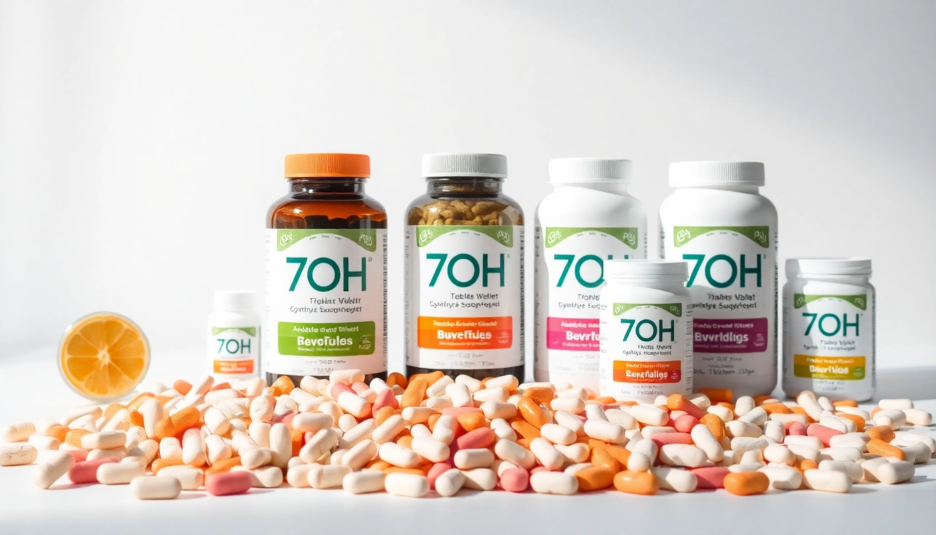 Showcase bulk 7OH tablets with diverse textures, promoting quality and wellness.