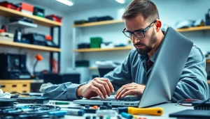 Riparazione pc torino, tecnico che ripara un laptop in un laboratorio moderno.