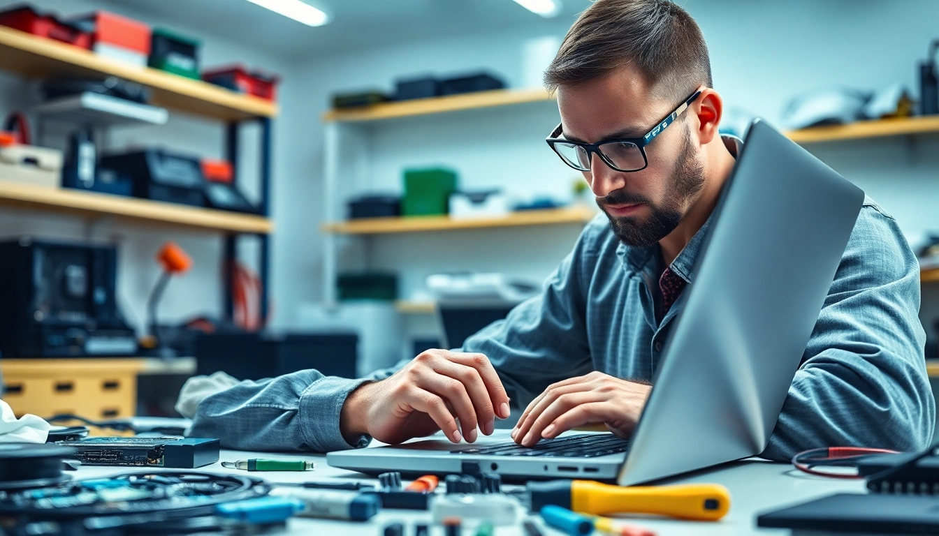 Riparazione pc torino, tecnico che ripara un laptop in un laboratorio moderno.