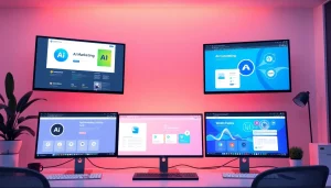 Showcase AI marketing tools in a modern workspace, enhancing digital marketing strategies.
