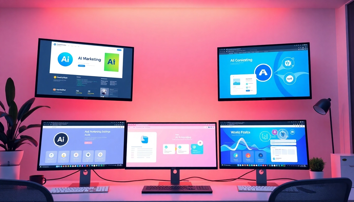 Showcase AI marketing tools in a modern workspace, enhancing digital marketing strategies.