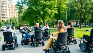 Man in a power wheelchair navigating a sunlit park path surrounded by greenery.