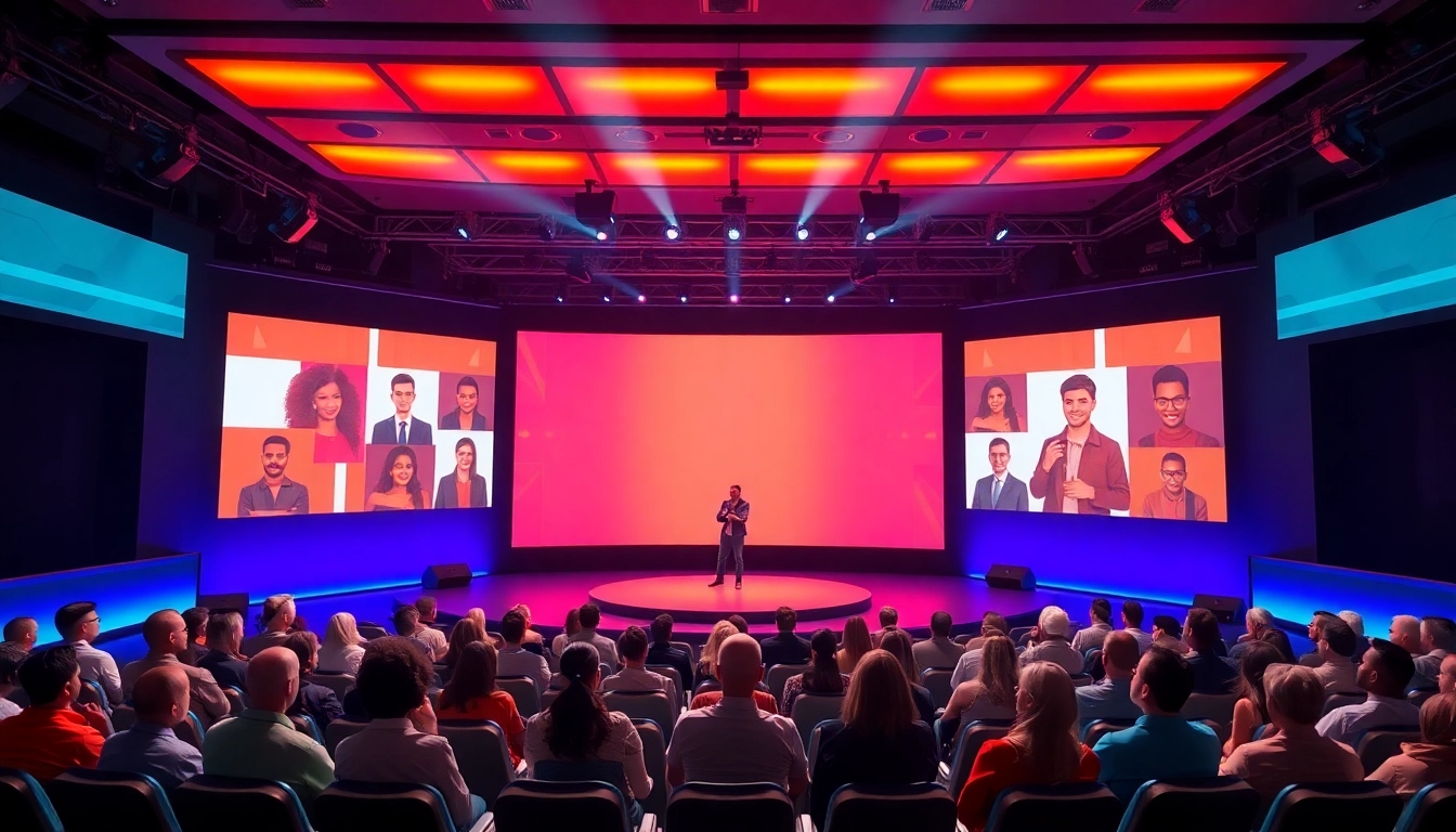 Engage with a Virtual Audience System featuring interactive avatars on a digital stage.