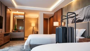 Hotel luggage racks elegantly displayed in a contemporary hotel room, showcasing their practical design and aesthetic appeal.