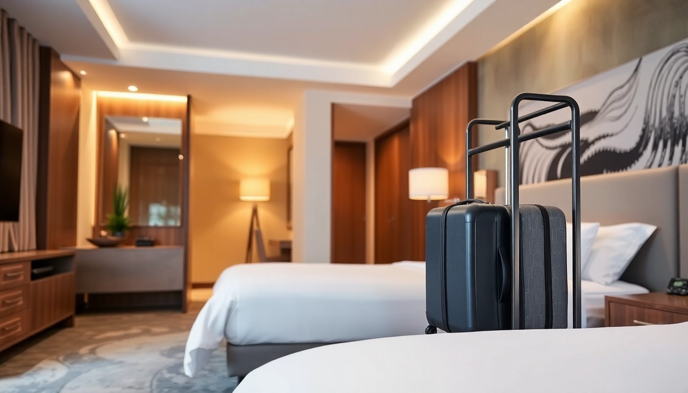 Hotel luggage racks elegantly displayed in a contemporary hotel room, showcasing their practical design and aesthetic appeal.