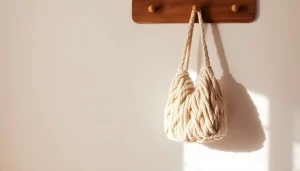 Showcase a stylish Cotton Rope Bag hanging elegantly, highlighting its intricate design and texture.