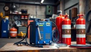 Use this oxy gas welding kit featuring a cutting torch and tanks for efficient welding tasks.