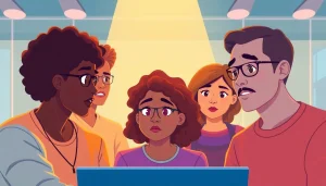 AI Opinion poll featuring diverse respondents sharing their views in a dynamic digital environment.
