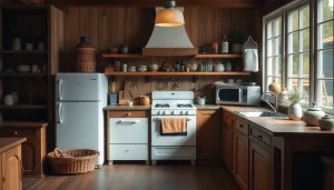 Showcasing affordable kitchen appliances set in a rustic kitchen, emphasizing warmth and style.