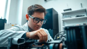 Servizio di riparazione computer torino con un tecnico esperto che lavora su un PC.