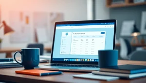 Examine text quality using an AI checker with a laptop in a bright workspace.