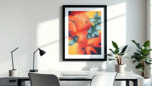 Showcase a beautiful 24x36 frame featuring vibrant artwork in a modern office setting.