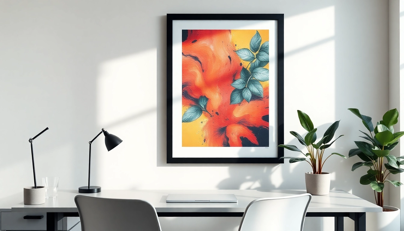Showcase a beautiful 24x36 frame featuring vibrant artwork in a modern office setting.