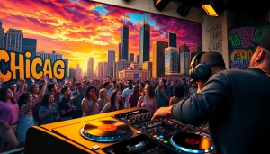 Experience the energy of Hip-hop mixtapes Chicago with vibrant street art and a DJ spinning records.