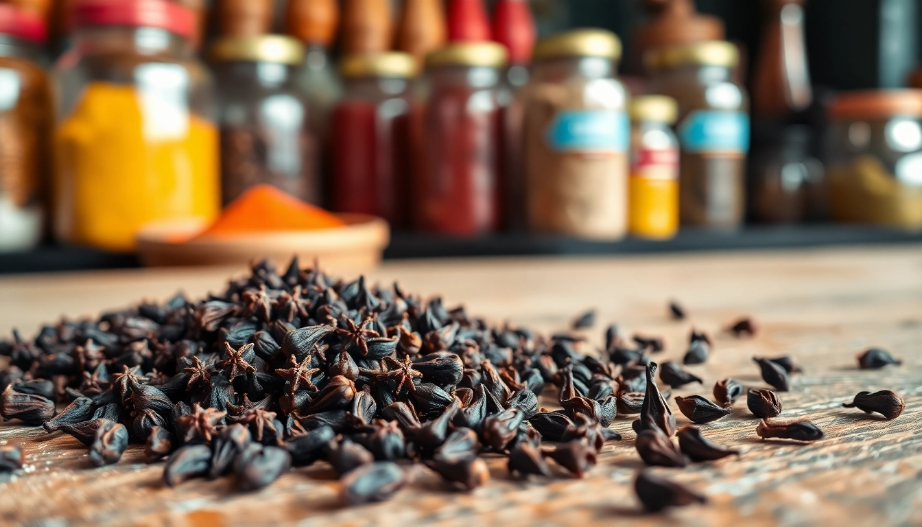 Cloves scattering on a wooden surface, showcasing their rich color and texture.