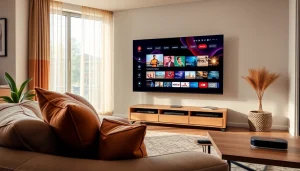 Experience iptv demo account setup in a cozy living room with vibrant streaming content displayed.