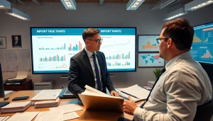 Economist analyzing import tariffs china trends on a digital display in a professional office.