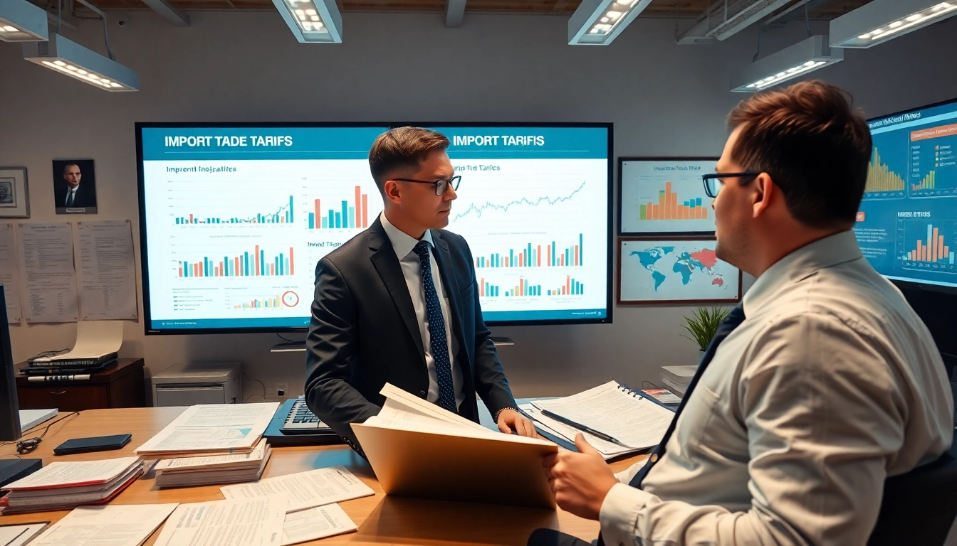Economist analyzing import tariffs china trends on a digital display in a professional office.