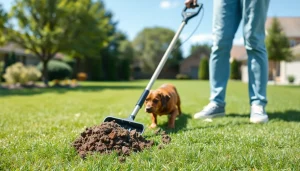 Dog poop cleanup in a well-maintained backyard, highlighting effective pet waste removal services.