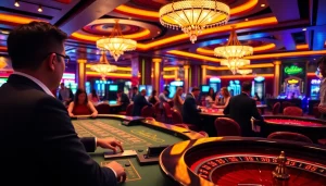 Engaged players at a live casino table enjoying blackjack under vibrant lights.