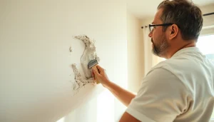 Expert drywall repair technician addressing damage in Madison, WI, showcasing skilled craftsmanship.