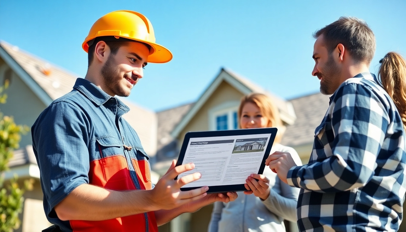 Homeowners receiving insurance roofing claims help from a professional contractor outdoors.